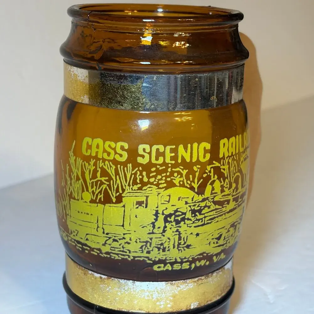 Vintage Cass Scenic Railroad West Virginia Souvenir Brown Glass Barrel Mug Wood